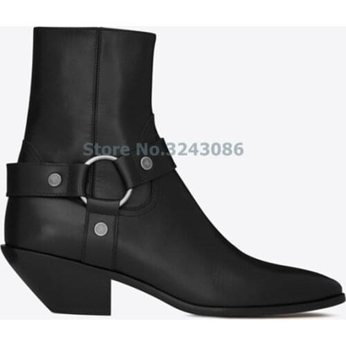 Pointed Toe Chunky Heel Ankle Boots Brown Faux Suede Iron Ring Wide Strap Women Boots Black Faux Sheepskin Chelsea Boots