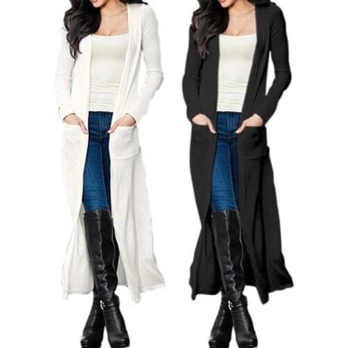Ladies spring and autumn new solid color long fashion slim pocket go with trench coat