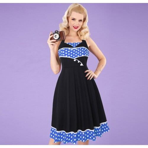 MISSJOY 2020 Women Vintage Summer Dress polka dot Print Button Patchwork pin up Skater halter Backless A-line sexy Sling dress