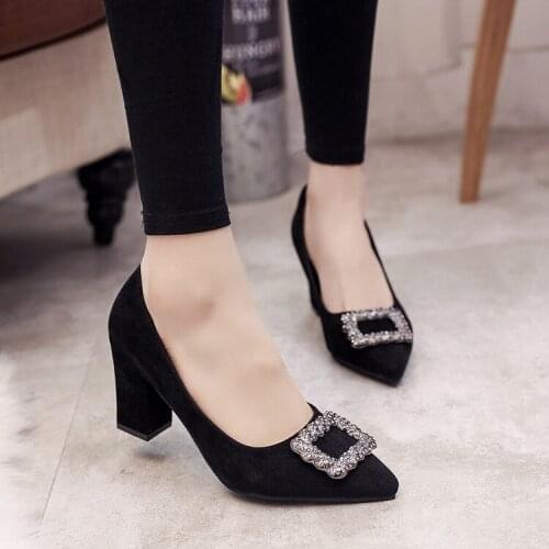 2019 Korean version of the new pointed rhinestones buckle thickening single shoes fashion shallow mouth comfortable high heels