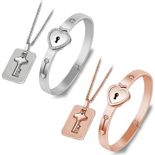 Behogar 2PCS Fashion Couples Heart Key Pendant Necklace Lock Bangle Bracelet Set for Anniversary Valentines Gift