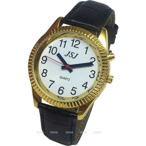 French Talking Watch with Alarm Function, Talking Date and time, White Dial, Black Leather Band, Golden Case TAF-207