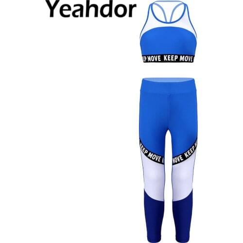 Kids Children Girls Sport Clothes Set Sportwear Sleeveless Y-shaped Hollow Back Crop Top with Pants Patchwork Letter Print Suit