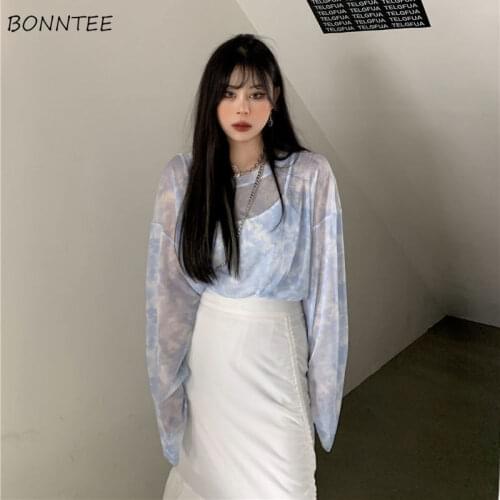 T-shirts Women Summer Chic Tie Dye Long Sleeve Sun-proof Harajuku Vintage Ladies Sheer Tops Ulzzang Retrol Teens Clothing Ins