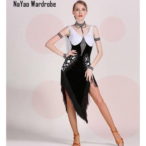 2021 New GB030 Tassel Patchwork Bare Back Sequins Latin Dance Dress Women Performance Modern Dance Dress Latino Dancewear