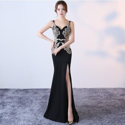 New Split Sexy Long Cheongsam Black Evening Dresses Qi Pao Women Chinese Clothing Dress Qipao Promotion Host Slim Robe Orientale