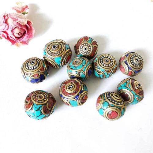 Mix Wolesale 10PCS Nepal Handmade Beads Brass Inlaid Colorful Stone Drum Beads NBB191