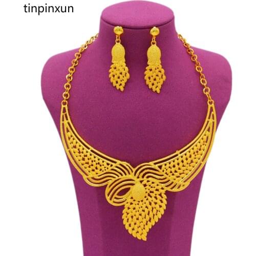 PINXUN New Dubai 24K Gold Color Jewelry Set For Women Necklace Earring Luxury Sets African Indian Bridal Wedding&Engagement Gift