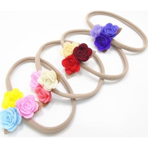 12pcs/lot Three Flowers Nylon Headband Pink Blue Gold Glitter Leaf Stretchy Head Bands Kid Red Purple Floral Elastic Hairbands