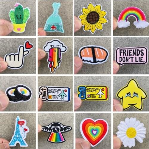 Prajna Cute Cartoon Embroidered Patches for Kid Clothing Rainbow Stickers Iron on Patches Stripes Appliques Clothes Cactus Patch