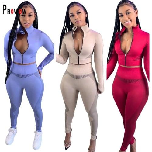 Prowow Women Fitness Bodycon Outfits 2021 New Zipper Coat Pant Two Piece Spring Fall Jogging Tracksuits Print Sportswear