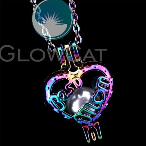 R-C205 Rainbow Colors Best Mom Heart Beads Cage Pendant Perfume Diffuser Aromatherapy Pearl Cage Locket Necklace