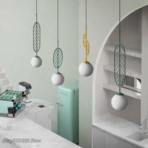 Modern creative candy color leaf pendant light bar restaurant Nordic personality color iron art LED hanging lamp decor fixtures