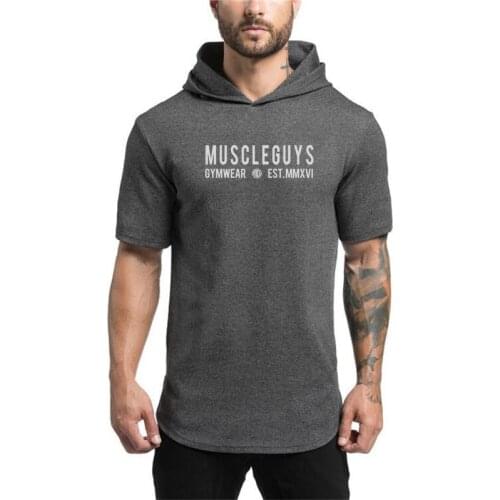 Gym Hooded Shirt Sports T Shirt Men Cotton Short Sleeve Rashgard Running Tshirt Workout Training Tees Fitness Top Sport T-shirt