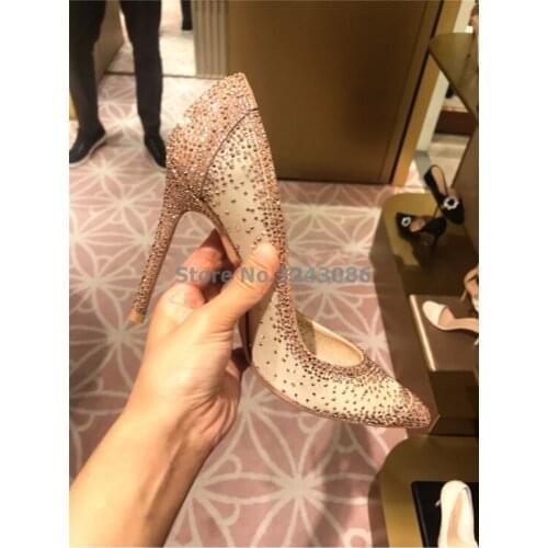Bling Bling Crystal Wedding Shoes Pointed Toe Mesh Rhinestone Thin High Heel Banquet Pump Black Nude Elegant Bridal Shoes