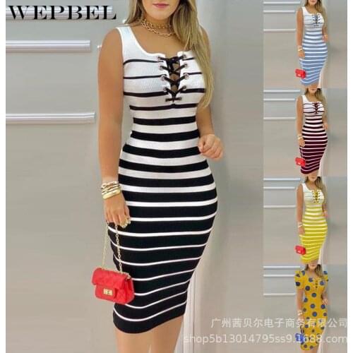 WEPBEL Women Elegant Stripe Bandage Skinny Stretch Bodycon Dress Ladies Sexy Summer Sleeveless Slim Fit Pencil Dress