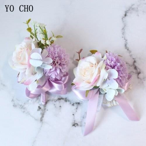 YO CHO Silk Rose Men Boutonniere Bridal Wrist Corsage DIY Bracelet Personal Flower Accessories for Wedding Party Prom Business