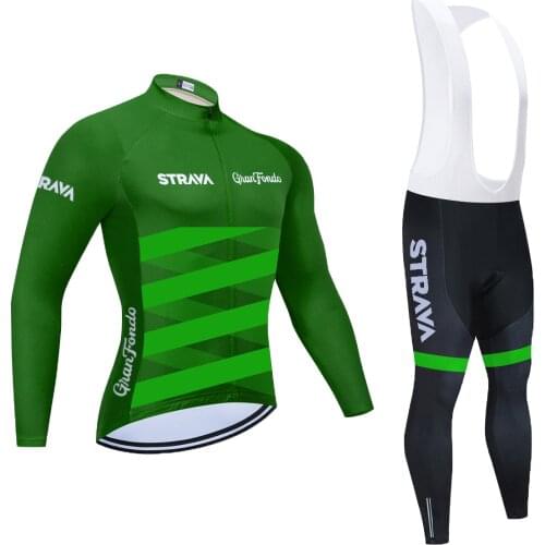 Green Team Spring Autumn STRAVA Long Sleeve Cycling Jersey Set Men Bicycle Clothes MTB Bike Jersey Bib Pants Ropa Ciclismo