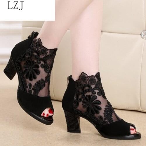 Fashion 2020 Summer Mesh Peep Toe Sandals Sexy Heels Single Shoes Lace Pumps Woman High Heel Fashion Women Shoes Platform Ladies