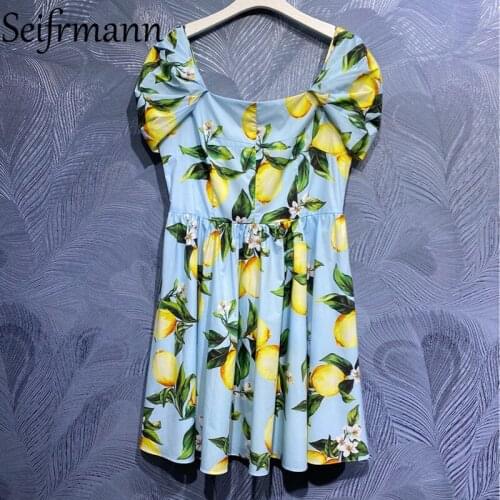 Seifrmann New 2021 Summer Women Fashion Runway Cotton Dress Petal Sleeve High Waist Floral Print Patchwork Mini Dresses Vestidos