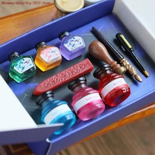 1 Set Brand New 1/6 1/12 Dollhouse Miniature Color Ink And Pen Set For Doll House Stationery Accessories