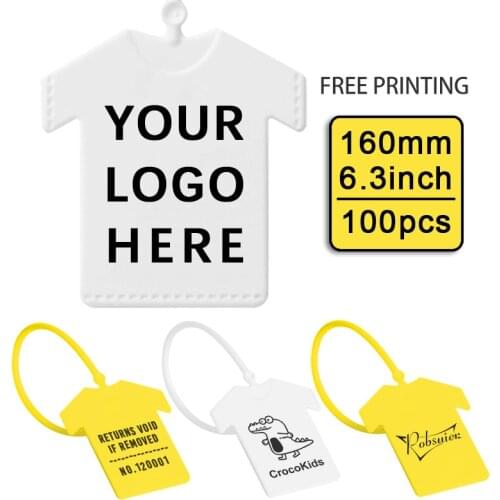 100 Custom T Shirt Hang Tags Personalized Plastic White Garment Apparel Clothes String Security Labels Tag with Logo 165mm/6.5"