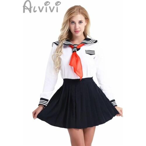 Alvivi Sailor School Uniform Cosplay Costume Women Girls Fancy Dress Suit Long Sleeve Shirt with Pleated Skirt Neckerchief Set