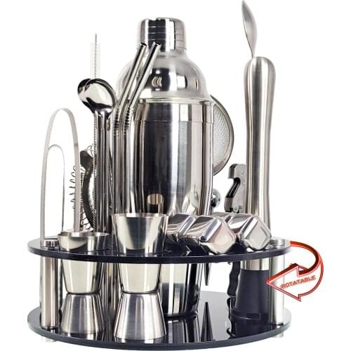 Bartender Kit 24-Piece Cocktail Shaker Set Whirl Round Bracket Home DIY Suit for Mixed Drinks Martini Bar Tools Stainless Steel