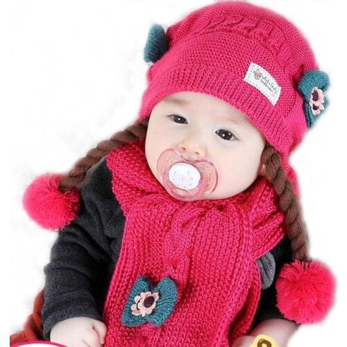 2016 Korean False braids Child Knitted hats winter two flowers 2 pcs baby girl scarf hat set Age for 6 months-2 Years Old MZ4188