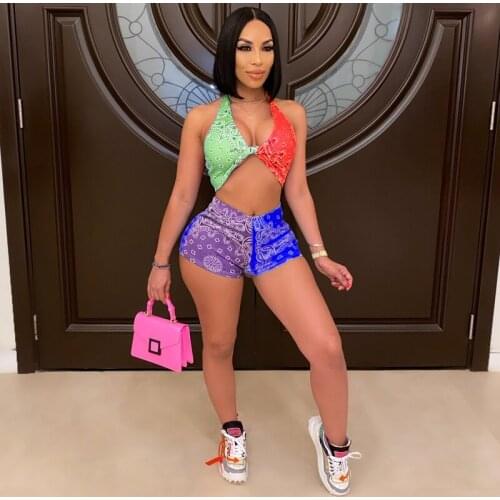 TNNAOFF Bandana Print Patchwork 2 Piece Tracksuits Women Set Sling Backless Breast Wrap Sexy Biker Shorts Overalls Matching Sets