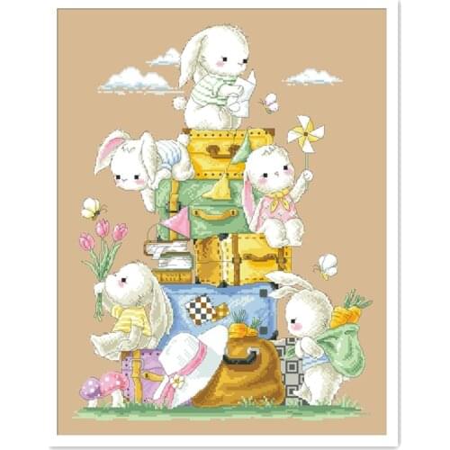 Rabbits' journey cross stitch package cute bunney 18ct 14ct 11ct flaxen linen cotton thread embroidery DIY handmade needlework