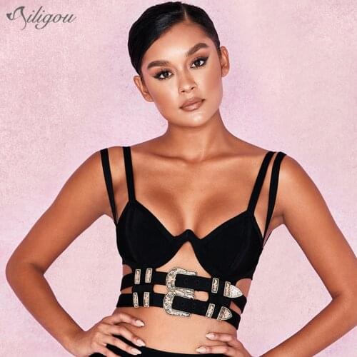 Ailigou 2021 New Ladies Sexy Bodycon Bandage Camisole Top Hollow Sleeveless Metal Belt Buckle Decorative Black Camisole