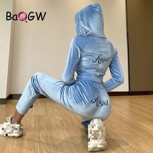 BaQGW Autum Winter Velvet Sweatsuit Outfts Long Sleeve Zipper ANGEL Embroidered Sweatshirt Long Trousers Velour Two Piece Suit