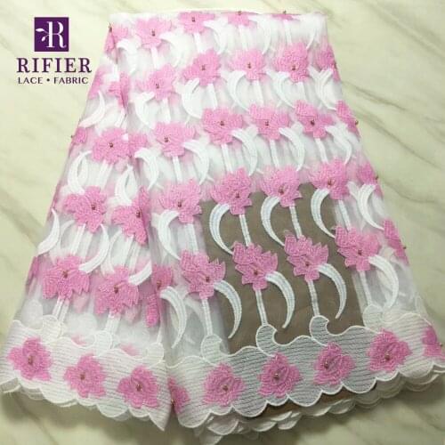Pink Color African High Quality Mesh Tulle Lace Fabric With Beads Nigeria Milk Silk Lace Beaded Embroidered Net Wedding Material