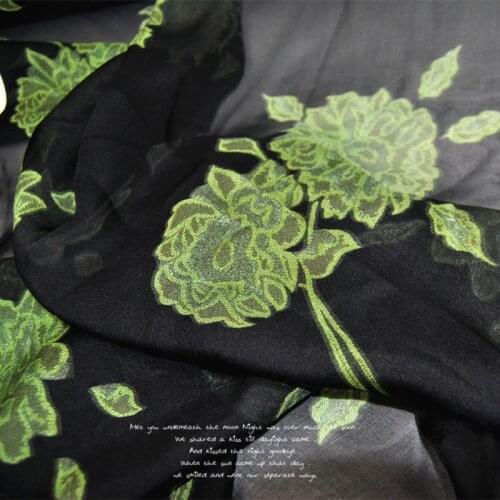 Silk Chiffon Fabric Dress Black and Green Flower Real Light through Dress Shirt Lining Cloth DIY Sewing Tissue