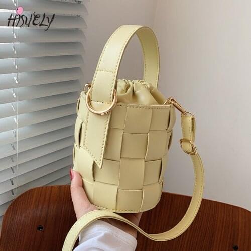 Small Ladies Handbags Woven Top-Handle Bucket Bags Female Leather Candy Color Purse Crossbody Shoulder Bag for Women Bolsos