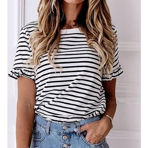 Slim high T-shirt fashion temperament cotton dress stripe short sleeve shirt womens top Womens t-shirt топ женский