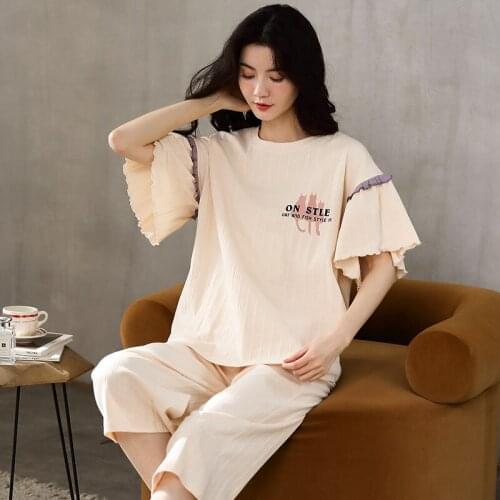 Vintage Elegant Beige Pajamas Cartoon Cute Female Sleepwear Suit For Women Princess Ruffle Short Sleeves Full Cotton Homewear