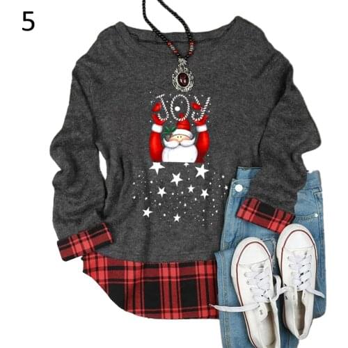 Women Shirt Long Sleeve Santa Gnome Print Blouse Top Plaid Patchwork Christmas Womens Clothing Blouse