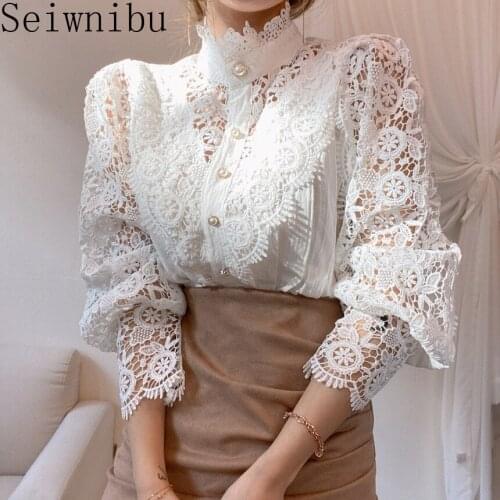 Chic Button Hollow Out Flower Lace Patchwork Shirt Stand Collar All-match Femme Blusas Petal Sleeve Women Blouses