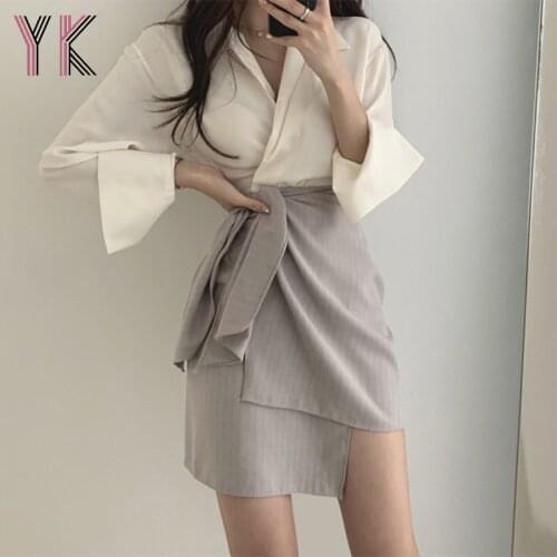 Women Summer Short Skirts Office Lady Irregular Short Skirts for Elegant Women Chiffon Striped Skirts Blouses Tops Clothes Sets