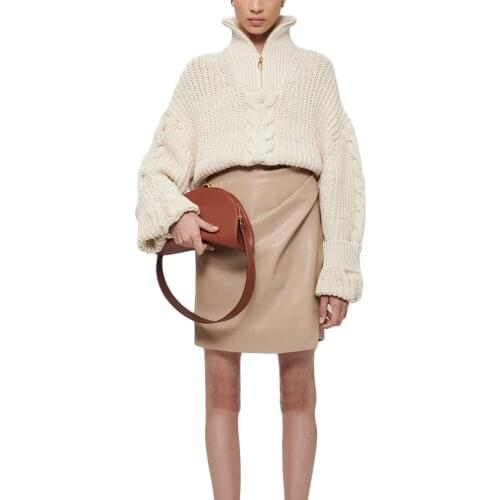 Women Solid Color Turtleneck Sweater Loose Style Long Sleeve Quarter Zip Tops, Coffee/ Beige