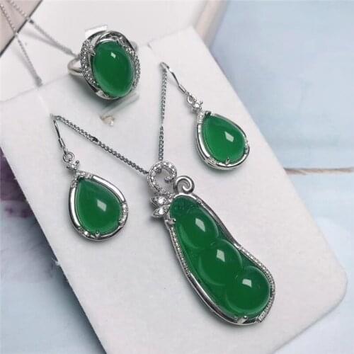 Jadery Vintage 925 Sterling Silver Necklace/Earrings/Ring Natural Green Chalcedony Jade Jewelry Sets For Women Fine Jewelry 2019