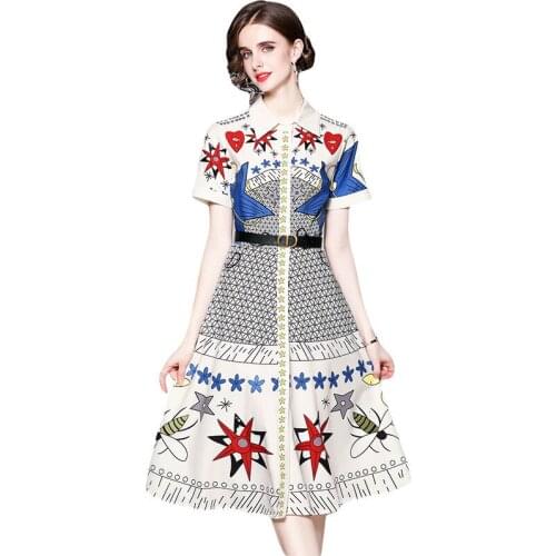 Runway Floral Shirt Dress Summer Women Vintage Elegant Fall Stars Print Short Sleeve Midi Long Vestidos