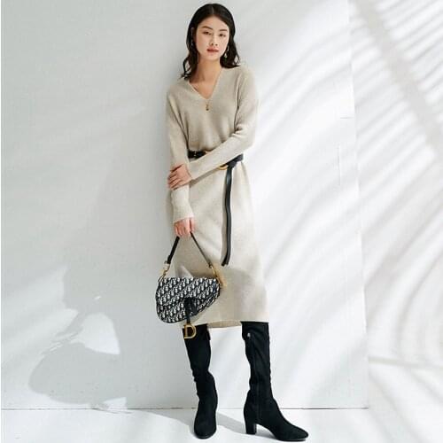 100% Cashmere Knitted Sweater Dress Women Casual Style Solid Knitted Long Sleeve Pullover Elegant Knitwear New Fashion