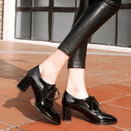 2021 new black high heels womens shoes thick heel fashion patent leather hollow out womens pointed shoes