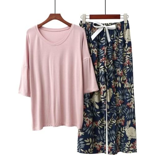 2021 New Summer Womens Pajama Set Flower Printing Short Sleeve Elastic Waist V-neck Sleepwear Casual Loose Modal 2 Pcs Pajamas