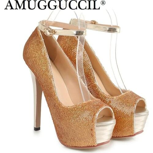 2020 New Plus Big Size 32-43 Black Gold Silver Bling Fashion Sexy High Heel Platform Party Wedding Lady Shoes Women Pumps D1238