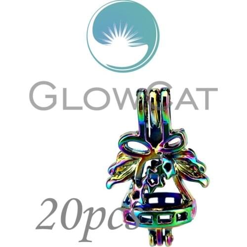 20x CC388 Rainbow Colors Christmas Bell Bowknot Beads Cage Jewelry Making Essential Oil Diffuser Pearl Cage Locket Pendant