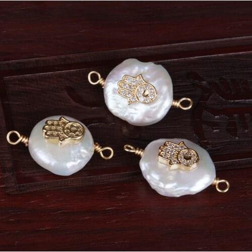 White cz crystal gold fatima hand hamsa protection luck charm freshwater pearl wire buckles connector bead charm for jewelry DIY